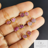 Raw Tourmaline Gemstone Earrings, Pink Tourmaline Jewelry, Tiny Gold Plated Studs, October Birthstone, Gift For Her, Rough Crystal Earrings